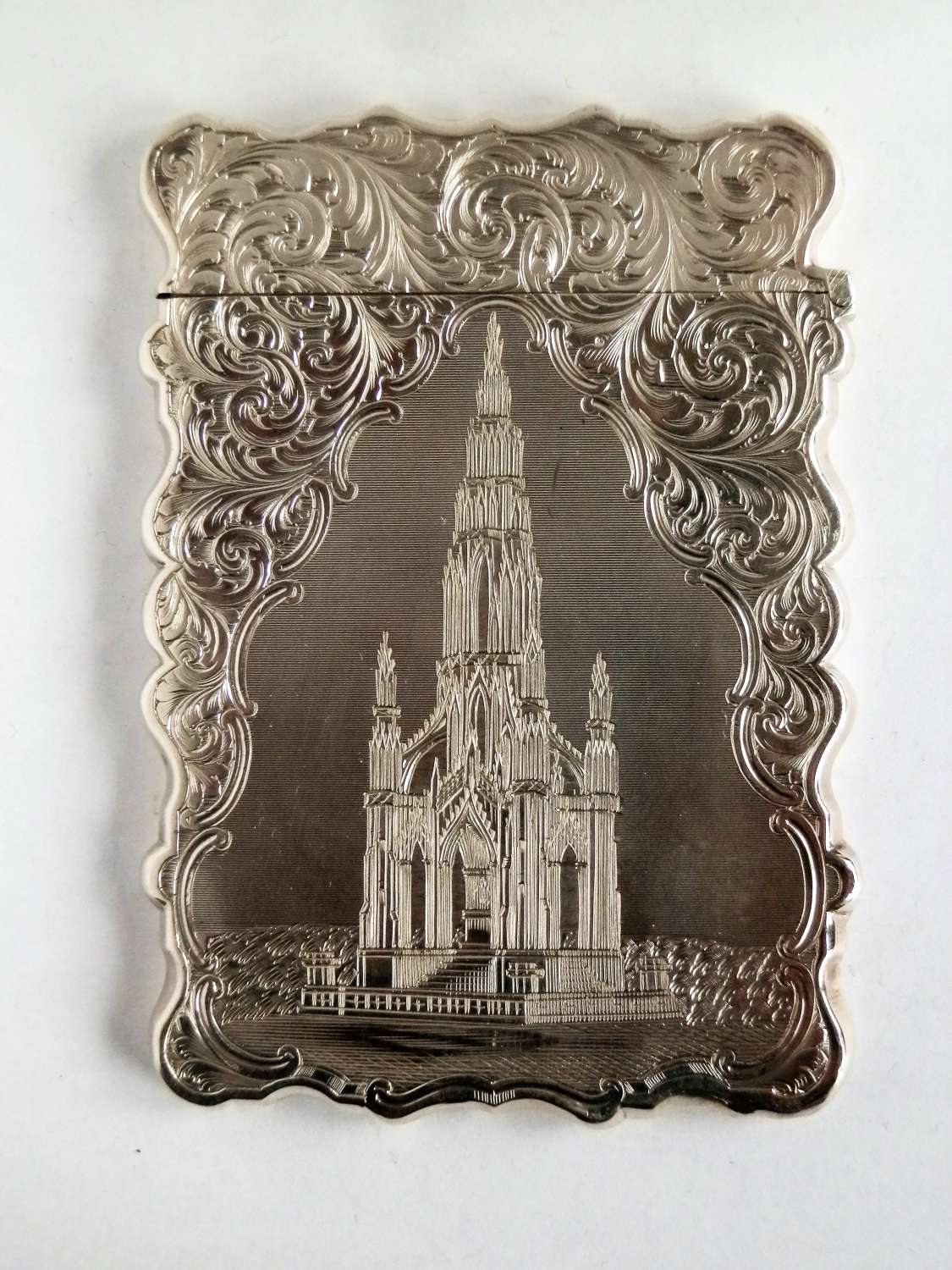 Victorian silver card case, Nathaniel Mills, Scott Monument,1852