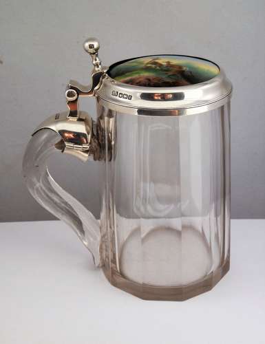 Glass and silver tankard, porcelain insert, Sheffield 1915