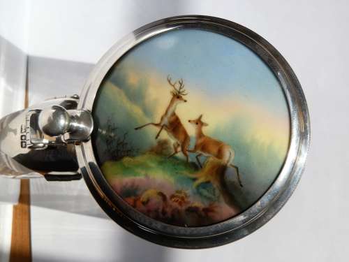 Glass and silver tankard, porcelain insert, Sheffield 1915
