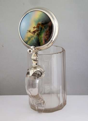 Glass and silver tankard, porcelain insert, Sheffield 1915