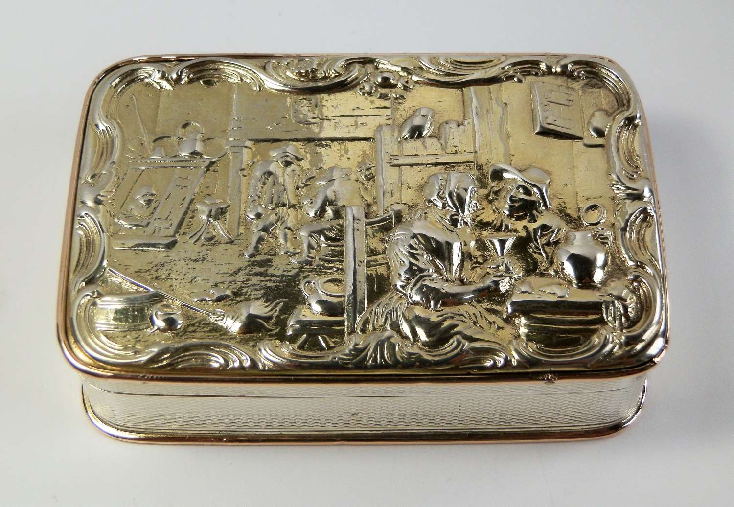 George III silver gilt tavern scene snuff box, London 1814