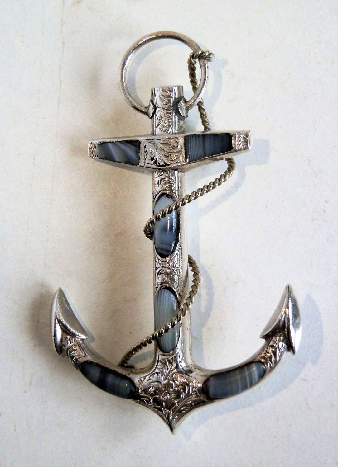 Scottish Victorian silver Montrose agate anchor brooch