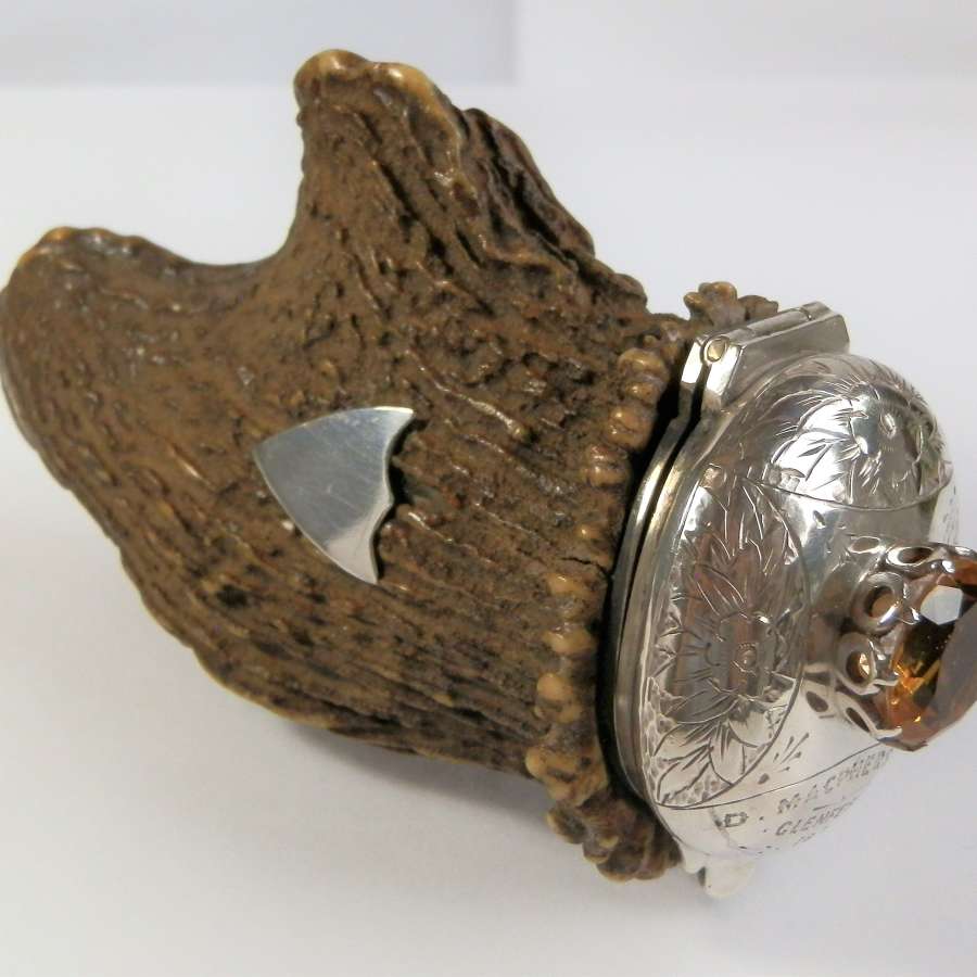 Victorian Scottish silver and deer antler snuff mull.    c 1874