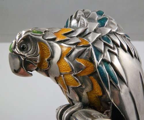 Italian silver and enamel parrot statue by Ottoviani