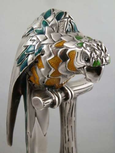 Italian silver and enamel parrot statue by Ottoviani