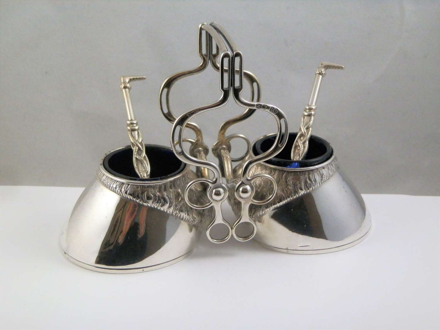 A Victorian double salt cellar with spoons, London 1874