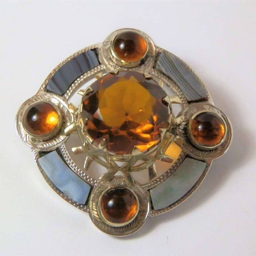 Victorian Scottish silver, agate and citrene brooch, c.1880