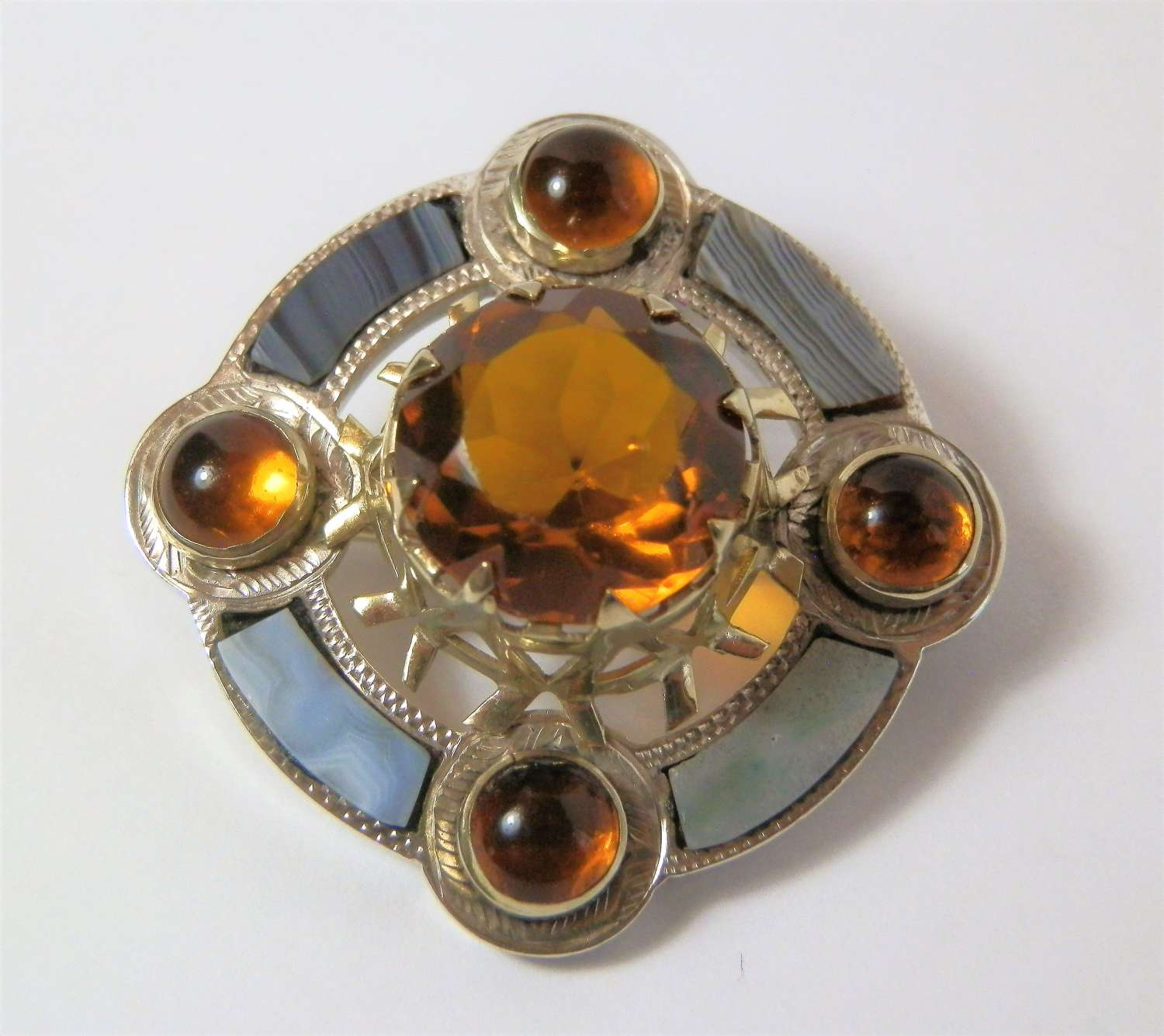 Victorian Scottish silver, agate and citrene brooch, c.1880