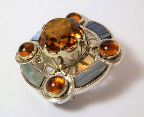 Victorian Scottish silver, agate and citrene brooch, c.1880