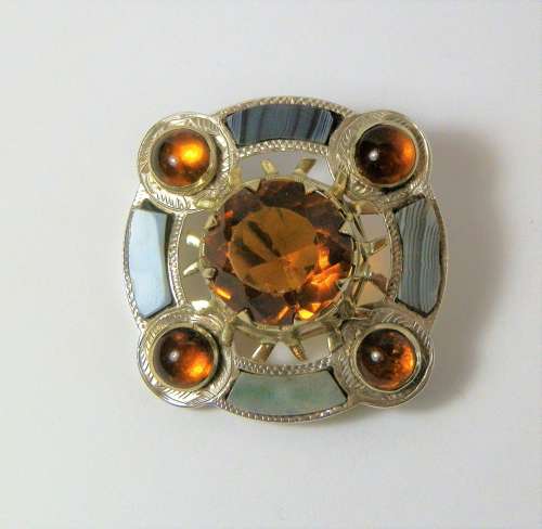 Victorian Scottish silver, agate and citrene brooch, c.1880