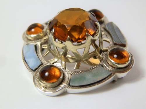Victorian Scottish silver, agate and citrene brooch, c.1880