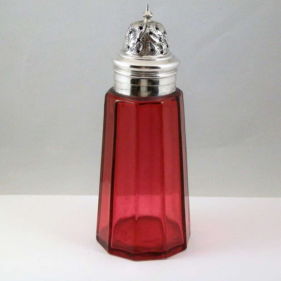 Edwardian Silver cranberry glass sugar sifter, Chester 1905