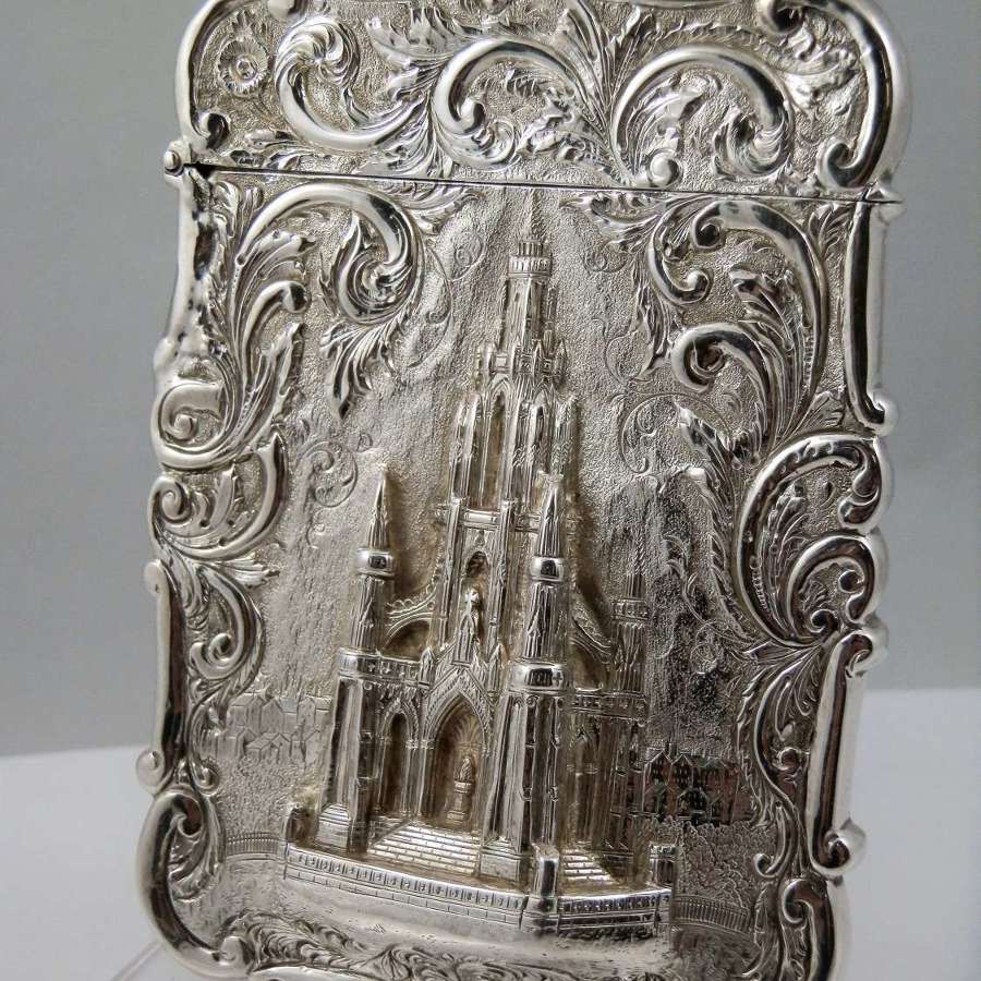 Victorian silver Scott Monument card case, Nathaniel Mills 1848