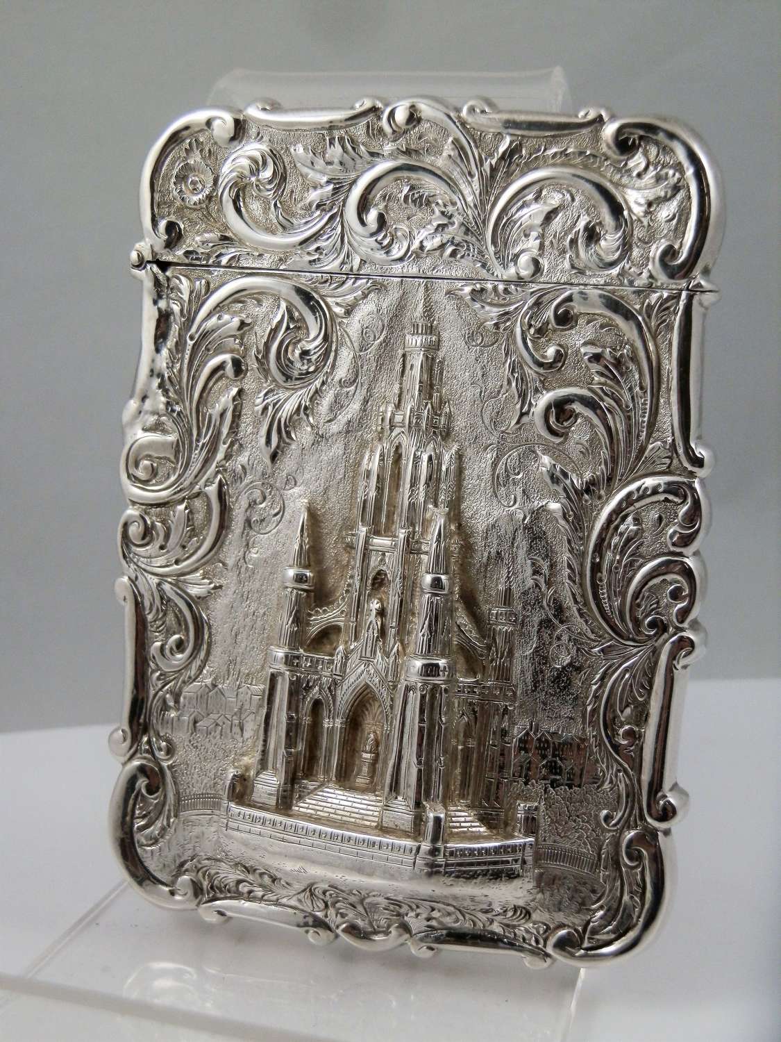 Victorian silver Scott Monument card case, Nathaniel Mills 1848