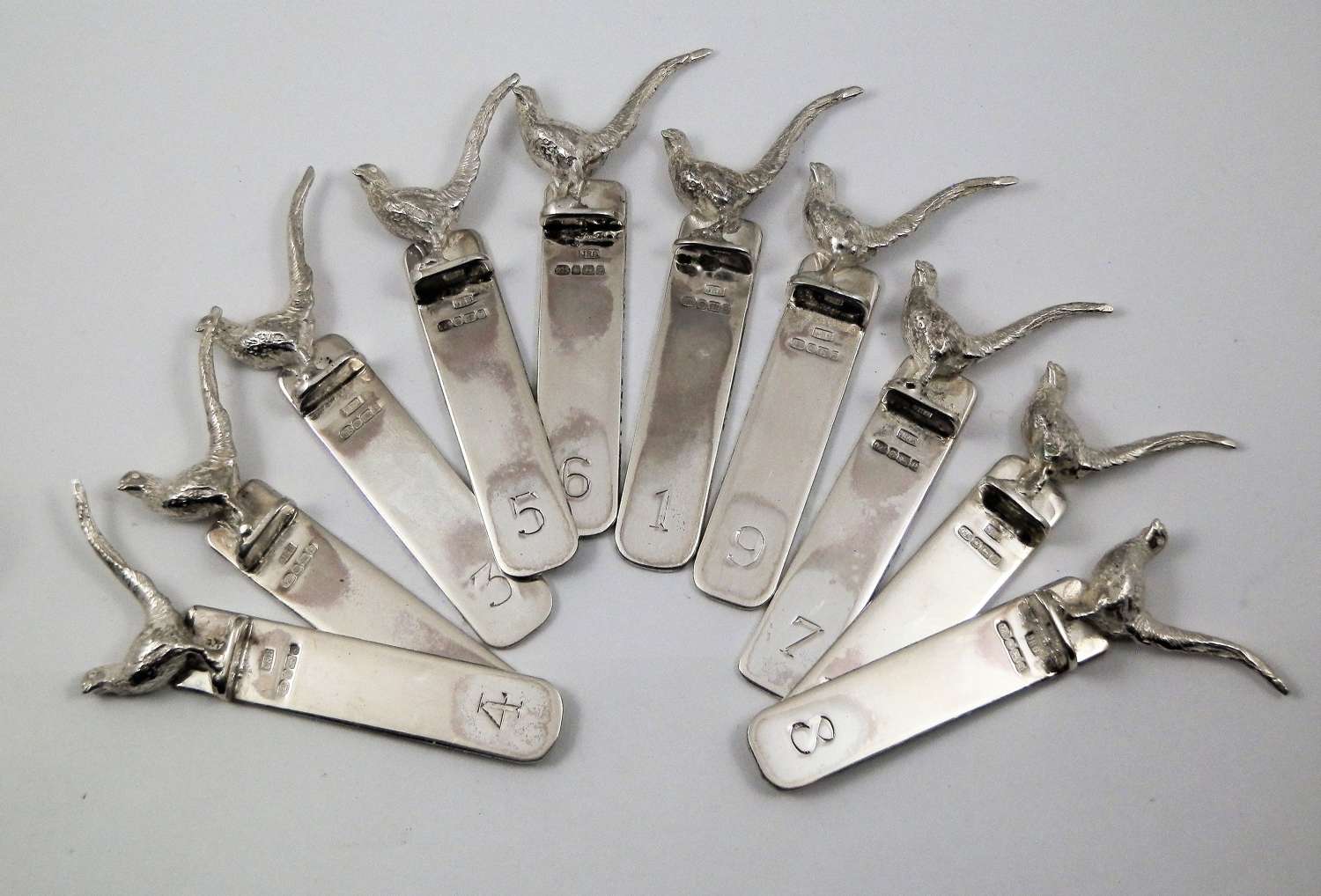 A set of 10 silver pheasant shooting peg markers, Sheffield 2020