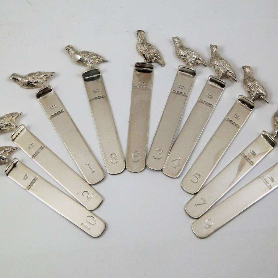 A set of 10 silver grouse shooting peg markers, Sheffield 2020