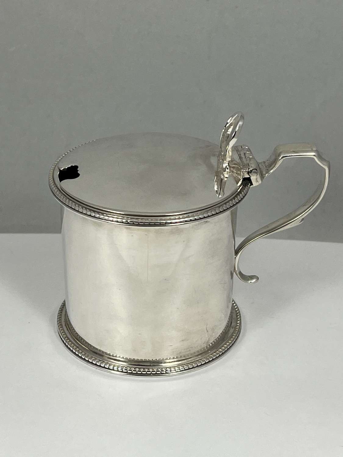 Victorian antique silver drum shaped mustard pot, London 1869