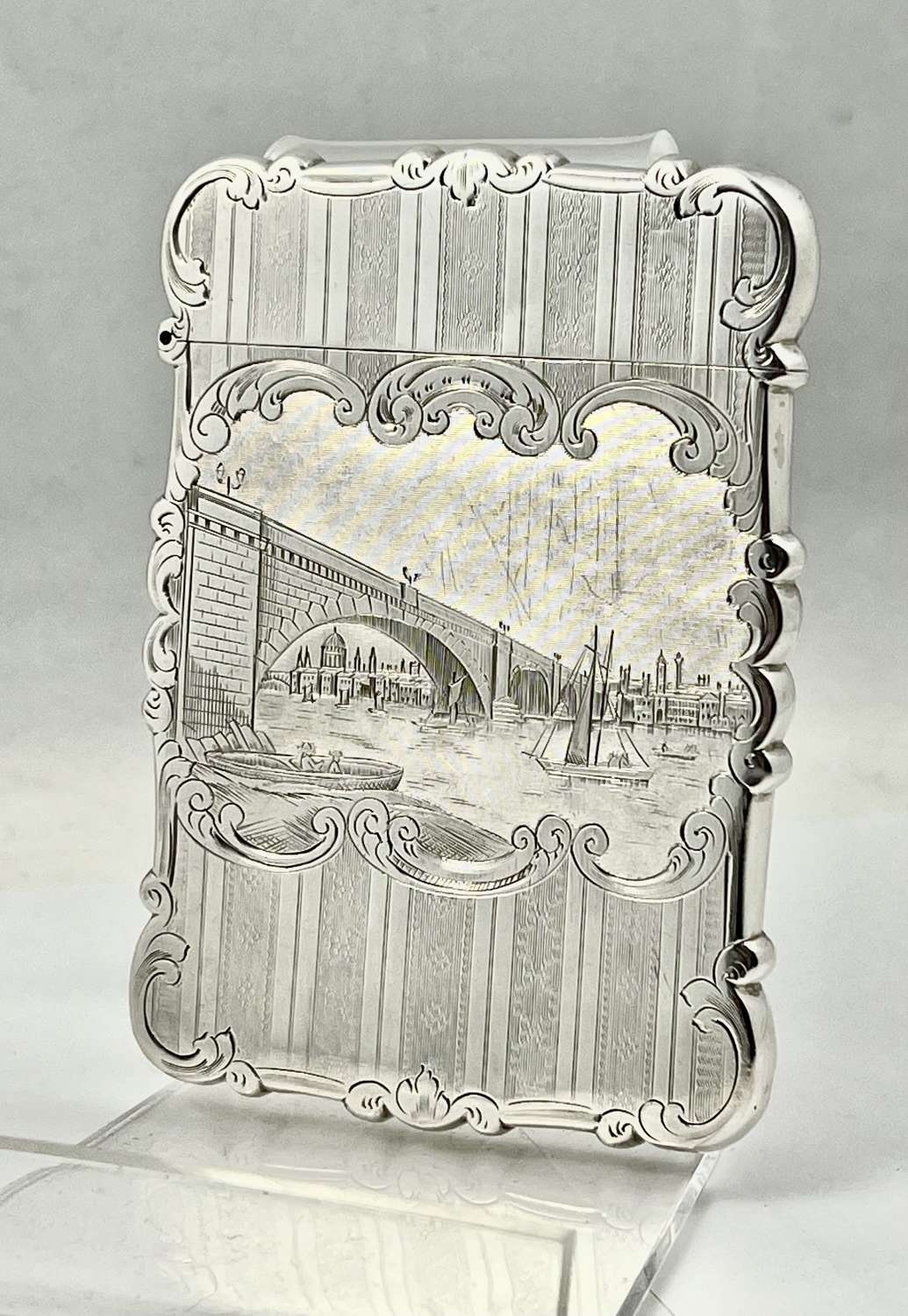 Victorian silver card case, London Bridge by  Nathaniel Mills