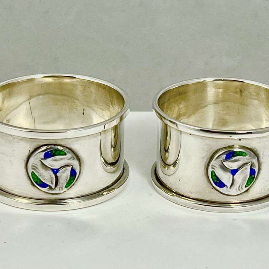Art Nouveau silver and enamel pair of napkin rings by W.H.Haseler