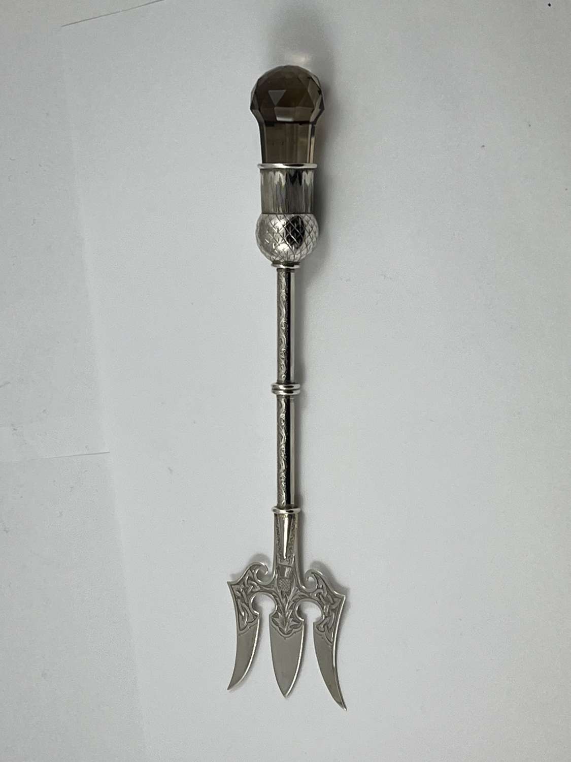 Edwardian silver toasting fork, smokey quartz top, 1908