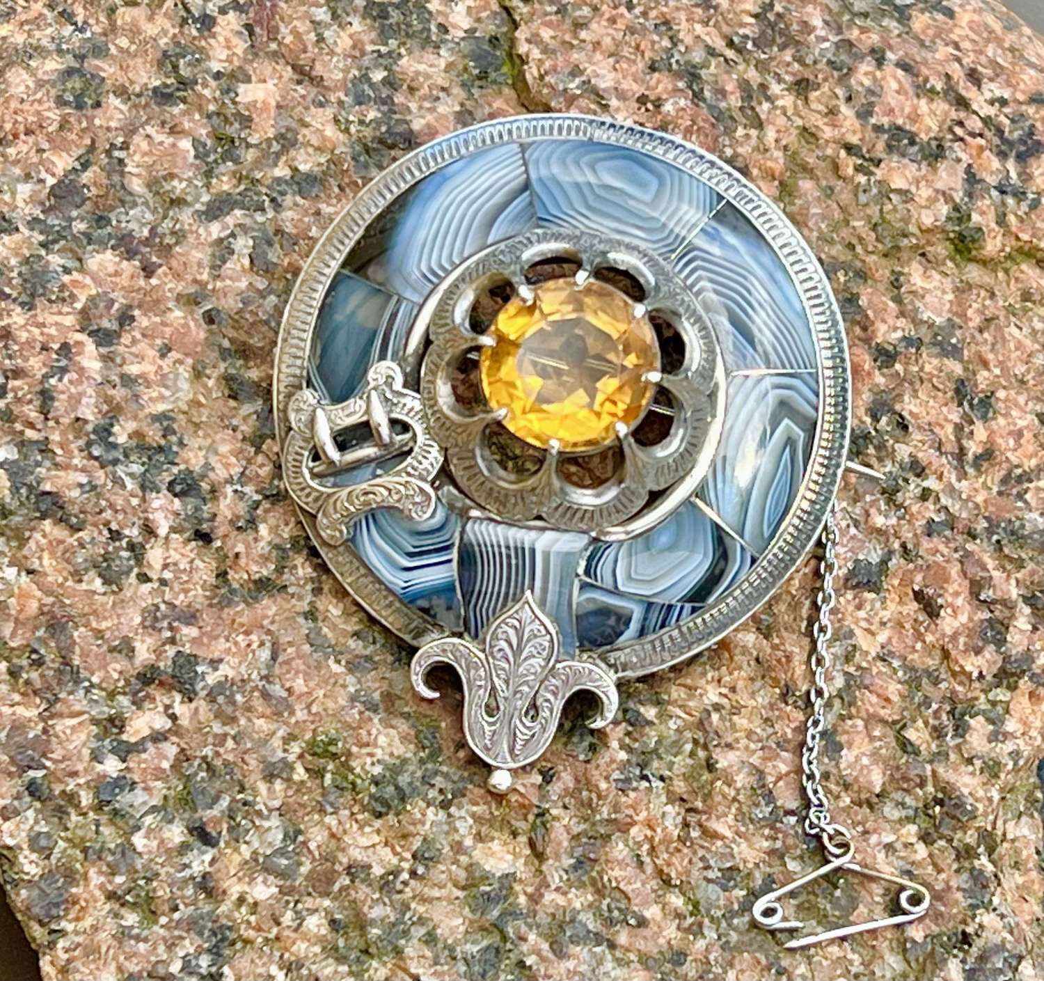 Victorian antique silver Montrose agate and citrine brooch.c 1880