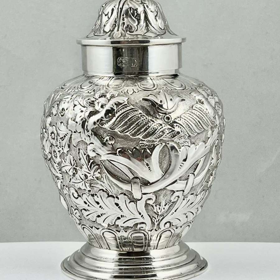 Victorian antique silver Chester tea caddy, Nathan and Hayes 1897