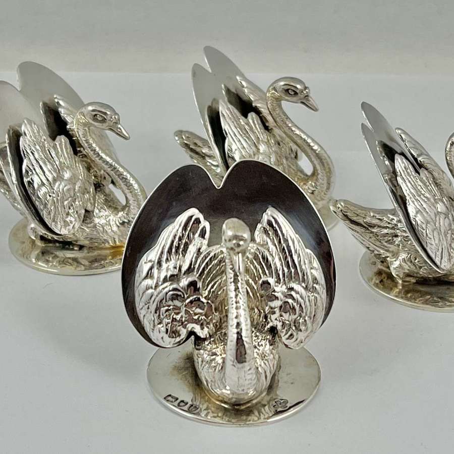 4 Victorian antique silver swan menu holders, London 1895