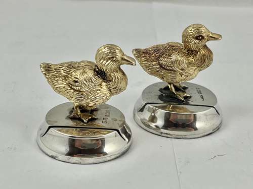 Edwardian silver gilt pair of duck menu holders, London 1909