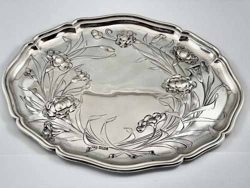 Edwardian antique Art Nouveau silver tray, Sheffield 1901
