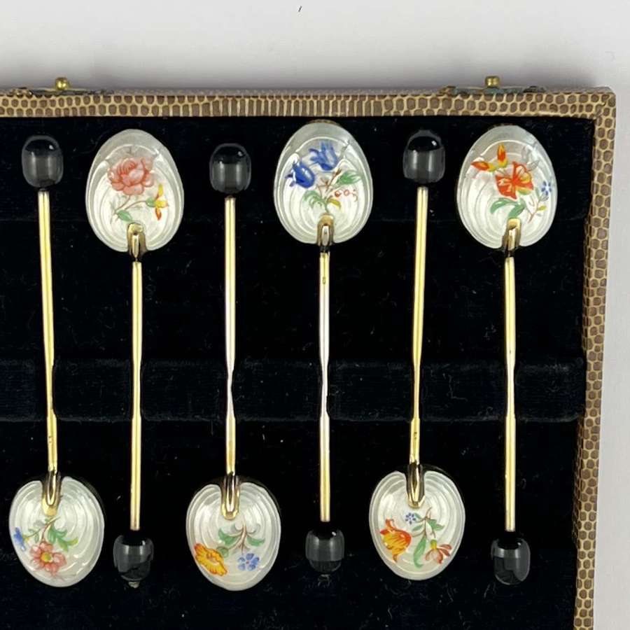 Elizabeth II cased set of gilt and enamelled coffee spoons, 1953