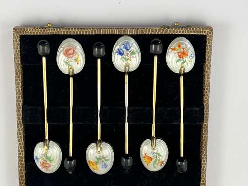 Elizabeth II cased set of gilt and enamelled coffee spoons, 1953