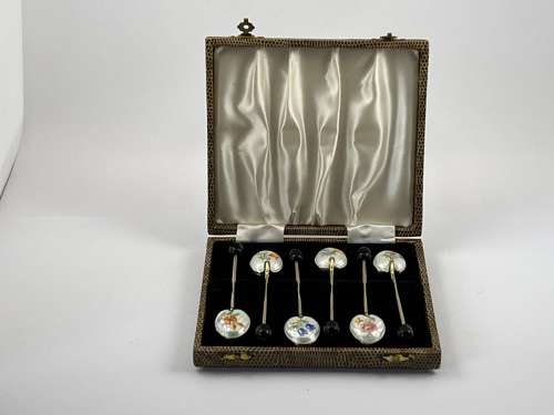 Elizabeth II cased set of gilt and enamelled coffee spoons, 1953