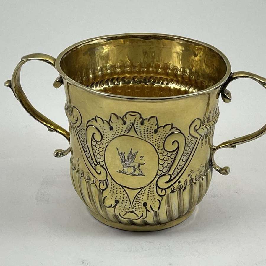 Queen Anne antique silver gilt porringer, London 1712 by Timothy Ley