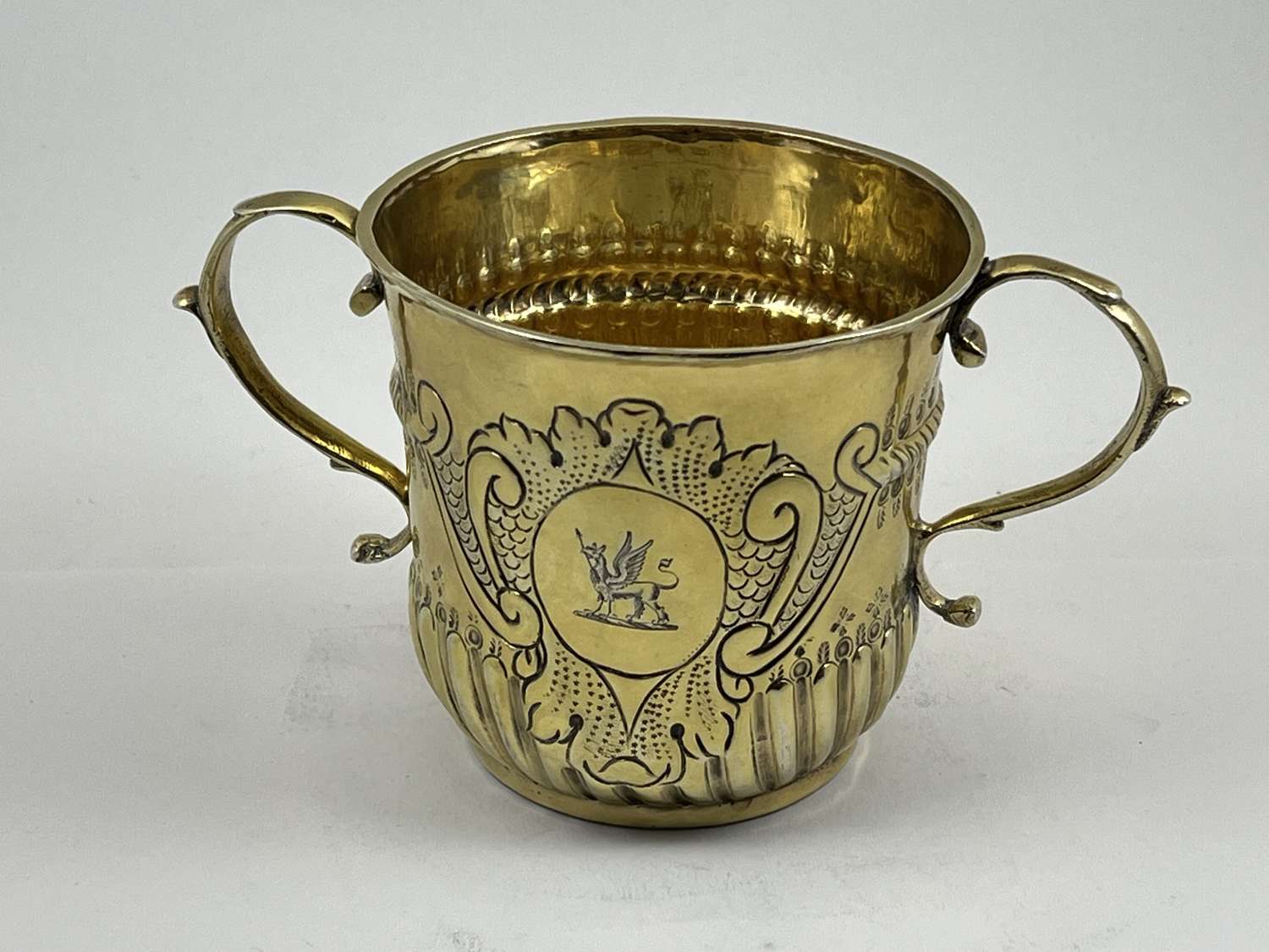 Queen Anne antique silver gilt porringer, London 1712 by Timothy Ley