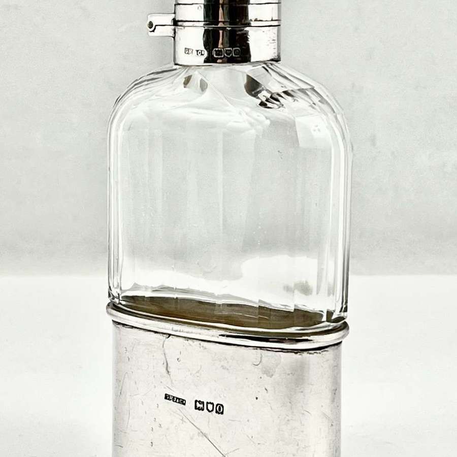Edwardian antique glass and silver hip flask, London 1909