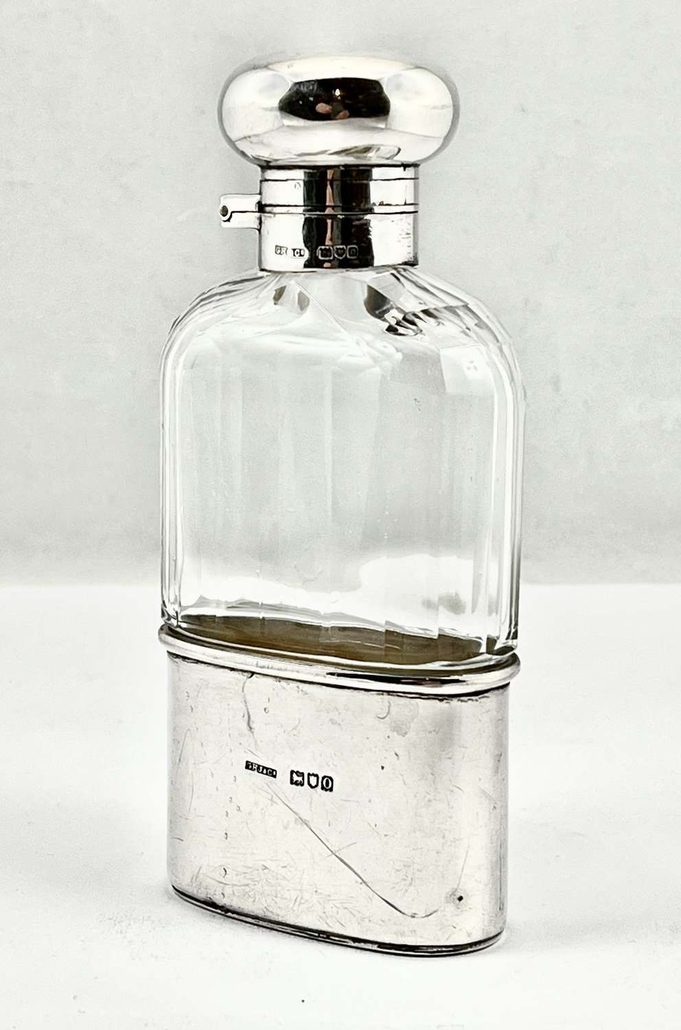 Edwardian antique glass and silver hip flask, London 1909
