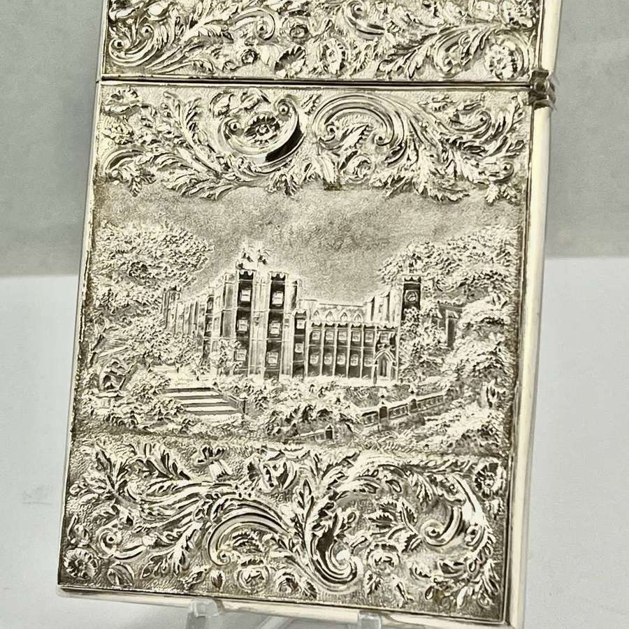 Early Victorian antique silver castle top card case, Nathaniel Mills.