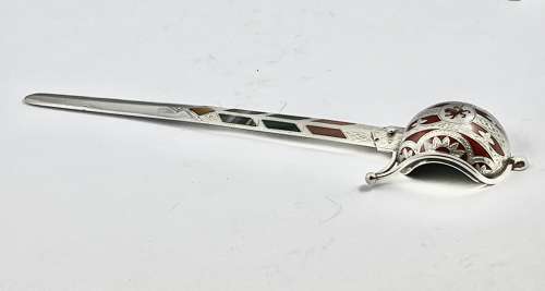 Victorian silver and agate sword paper knife, Edinburgh 1892