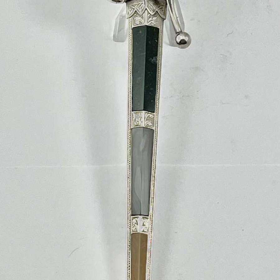 Edwardian antique silver and agate sword paperknife, 1907