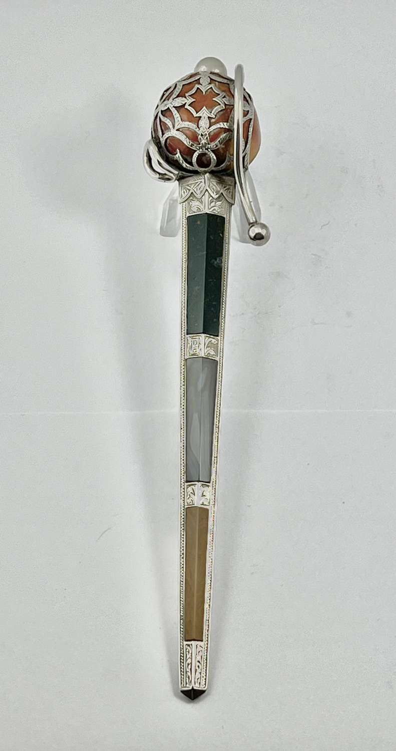 Edwardian antique silver and agate sword paperknife, 1907