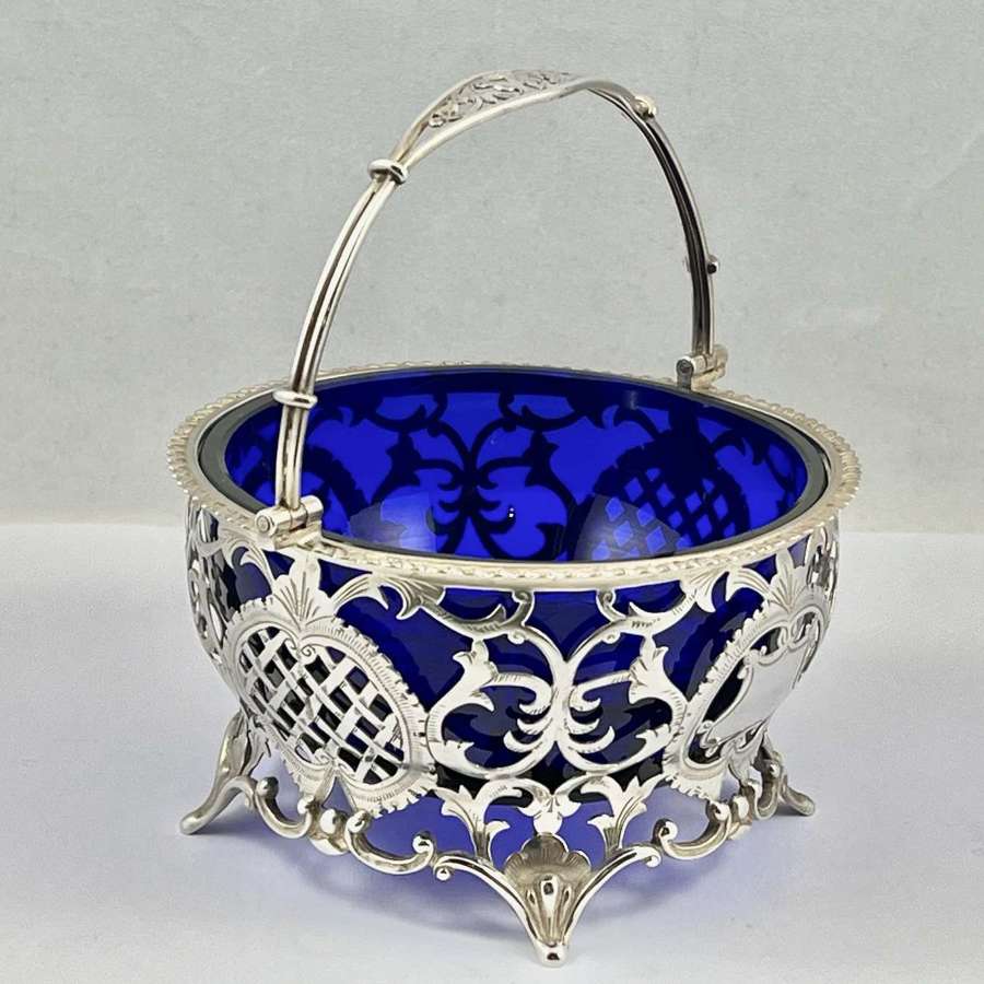 Edwardian silver and blue glass basket, London 1902