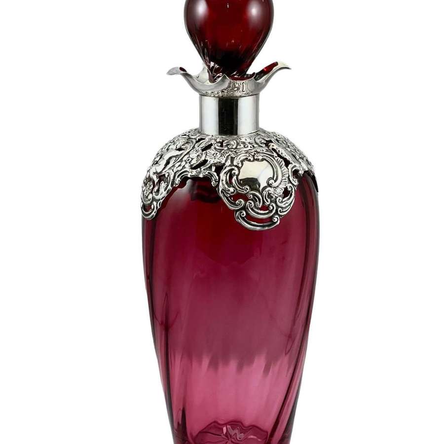 Victorian silver and cranberry glass decanter, Birmingham 1899.