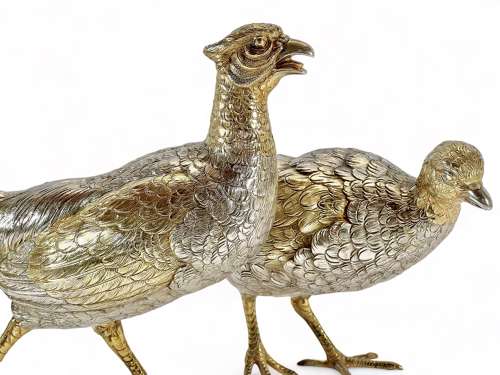 Elizabeth II continental silver and gilt table pheasants. c.1960