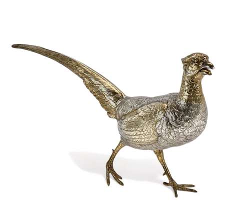 Elizabeth II continental silver and gilt table pheasants. c.1960