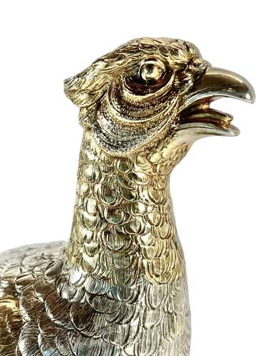 Elizabeth II continental silver and gilt table pheasants. c.1960