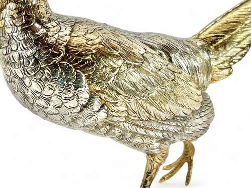 Elizabeth II continental silver and gilt table pheasants. c.1960