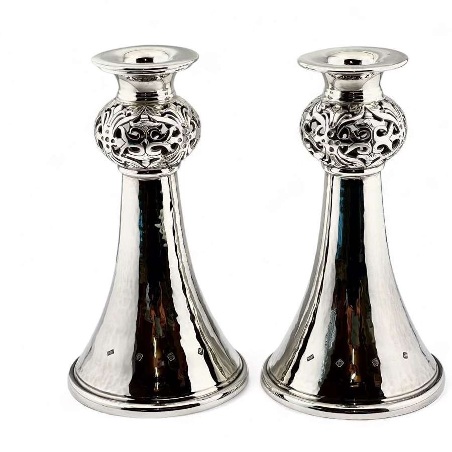 Elizabeth II pair of modernist Scottish silver candlesticks. 1997