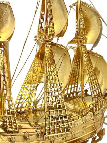George V continental silver gilt galleon Nef, Imported London 1930