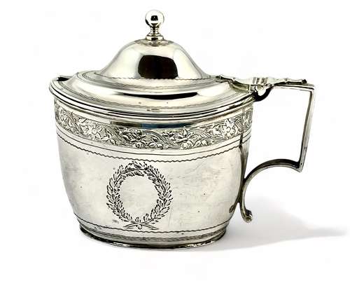 Victorian antique silver mustard pot with liner, London 1880