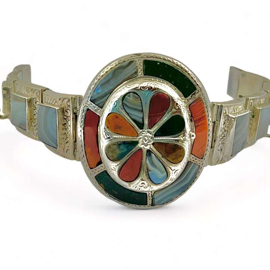 Victorian Scottish antique silver agate pebble locket bracelet, c 1880